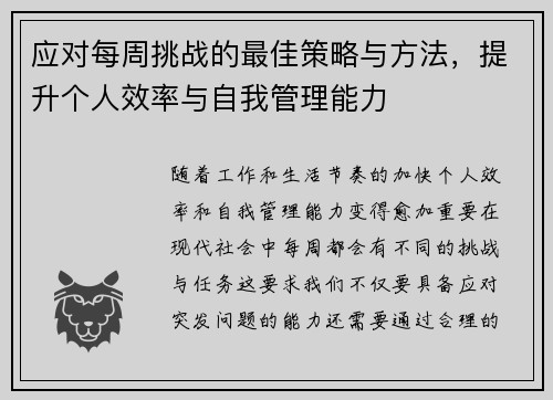应对每周挑战的最佳策略与方法，提升个人效率与自我管理能力
