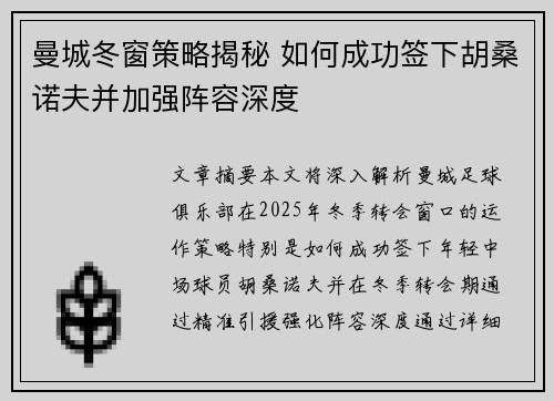 曼城冬窗策略揭秘 如何成功签下胡桑诺夫并加强阵容深度
